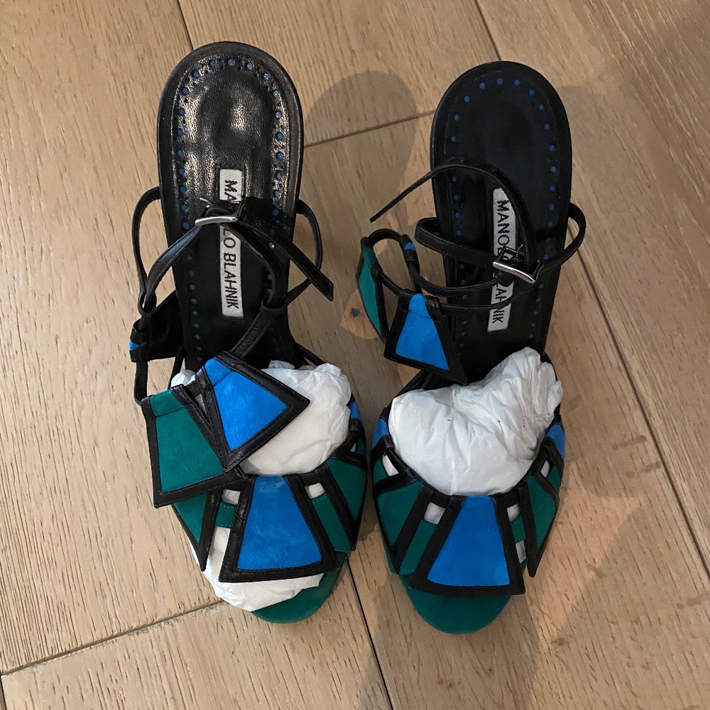 Manolo Blahnik Chamba 36.5 Strappy Black/Green/Blue Sandals